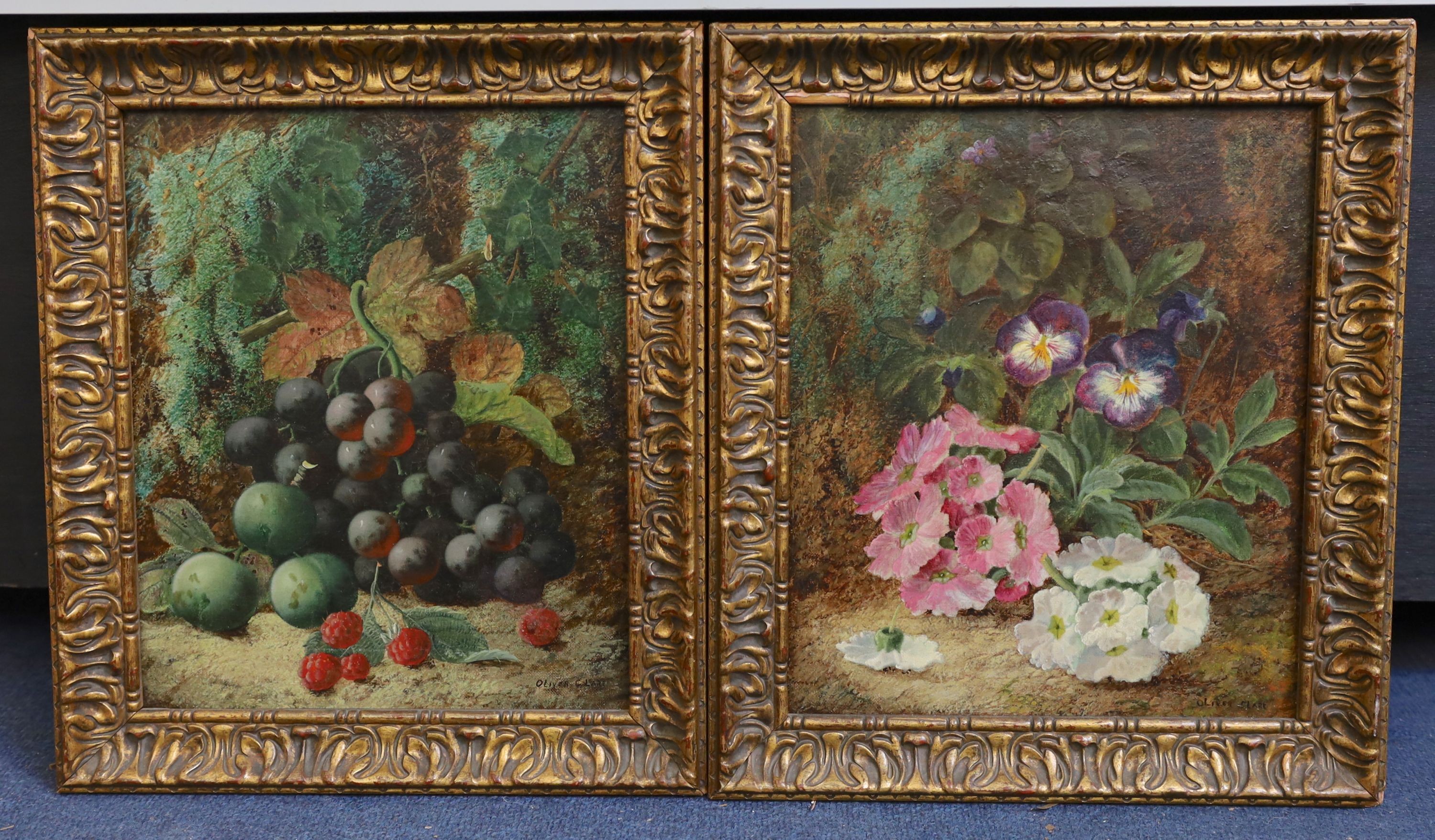 Oliver Clare (1853-1927), Still lifes of spring flowers and grapes, greengages and raspberries, pair of oils on canvas, 30 x 24cm